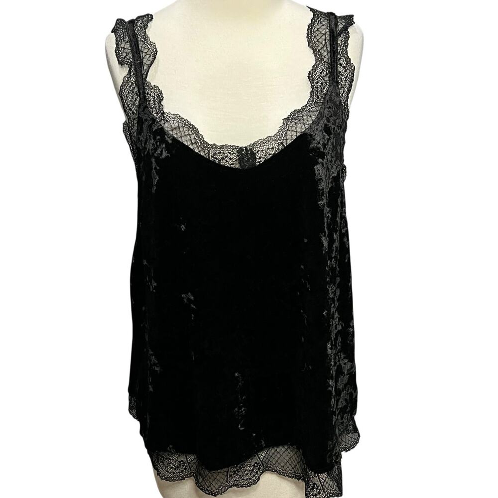 Mystree Y2K Tank Top Womens L Black Crushed Velvet Lace Trim Soft Whimsygoth - Picture 4 of 13